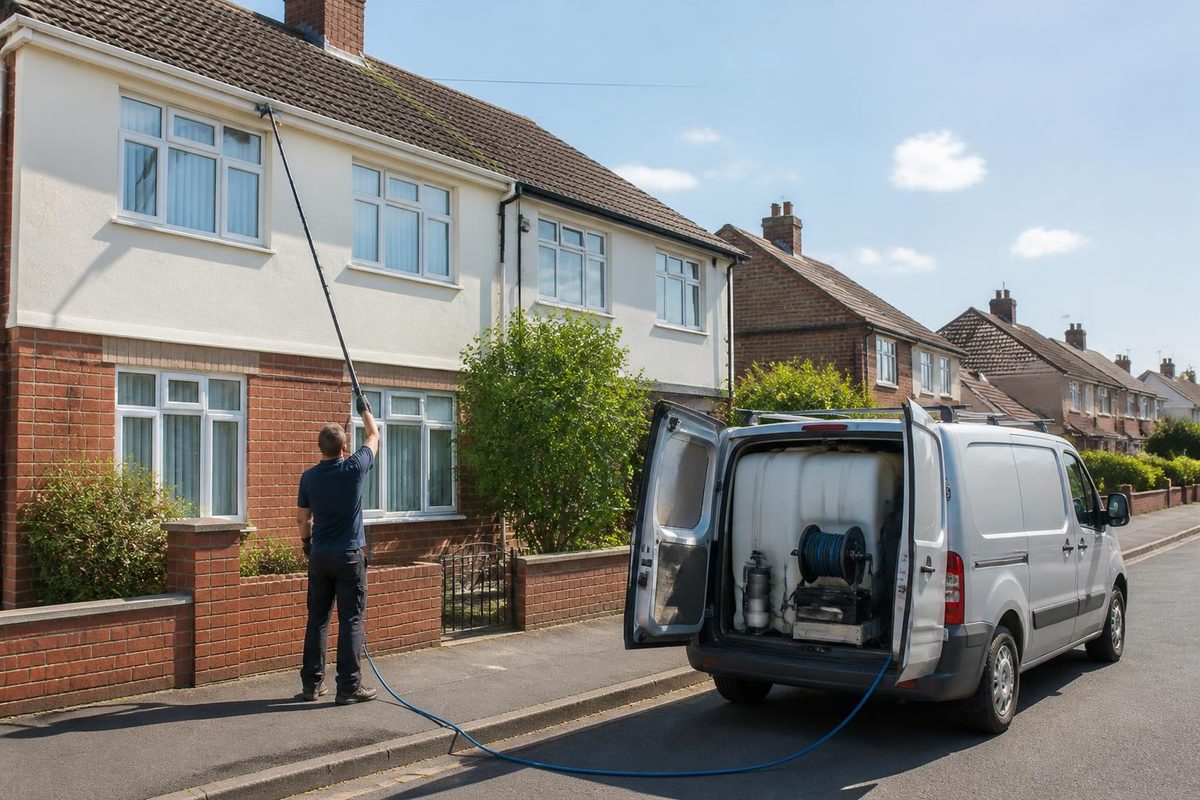 Small van with a fitted water tank and hose reel parked on a residential street